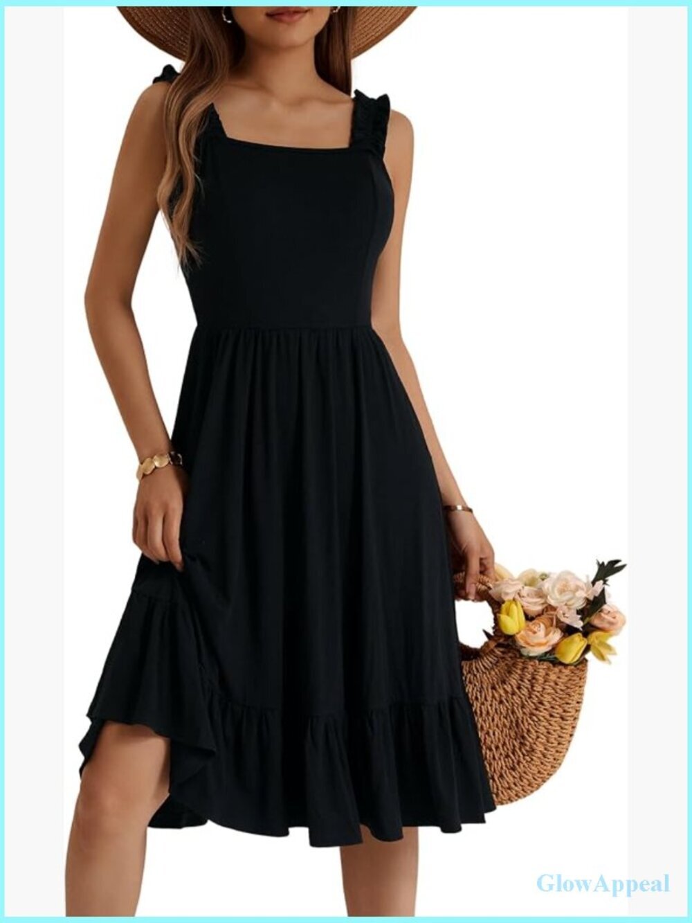 Midi Dress with Square Neck Elastic Straps Flowy A-Line Sundress